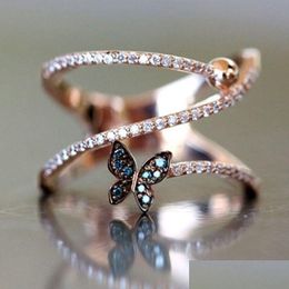 With Side Stones Women Luxury Butterfly Shaped Finger Rings Korean Version Rose Gold Color Twist Knucle Ring Jewelry Drop Delivery Dhaoq