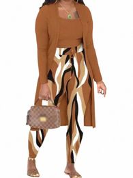 lw Women Plus Size Autumn&Winter Cami Mixed Print Bandage Design Drawstring U Neck Lg Sleeve Caramel Three Piece Pants Set 69hu#