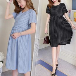 Maternity Spring and Summer Pregnancy Dress Ruffled Shortsleeved Striped Stitching Clothes Loose for Premama 240326