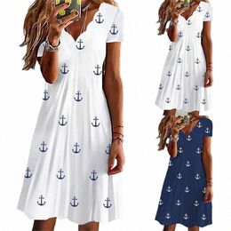 fi Fresh Style Summer A-Line Casual Small Boat Medium Stretch Dr Sexy Wave V-Neck Short Sleeve Anchor Print Floral Dr d7Ax#