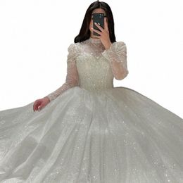 luxury Wedding Dr Sequins With Embroidery Lace Sequins Ball Gown Full Sleeve High-Neck Bride Dr Back Butt Robe De Mariee D10c#