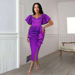 2023 Autumn/Winter Fashion Square Neck Elegant Wind Lotus Leaf Edge Pleated One Step Purple Dress 495815