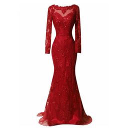 Emerald Red Lace Long Evening Dress Long Sleeves Beads Sweep Train Women Sexy Sequins Formal Pageant Gown For Prom Party234S