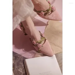 Dress Shoes Rose Flower Tacones Mixed Colours For Woman Pointed Toe Flat Square Heeled Sandals Pleated Zapatos Mujer 2024 Tendencia