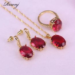 Sets Big Oval Square Rose Red Rose Gold Costume Jewellery For Women Adjustable Ring Earrings Necklace Set Bridal Jewellery