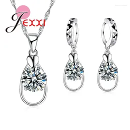 Necklace Earrings Set Hollow Oval 925 Sterling Silver Heart Pendant Collar CZ Brincos Women Wedding