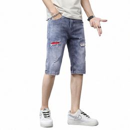 free Ship 2022 Men's Summer New Mid Waist Ripped Patch Five Point Denim Shorts Thin Loose Straight Casual Casual Mid Pants d4AR#