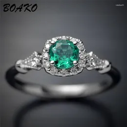 With Side Stones BOAKO Big Green Stone Ring For Women Wedding Bands Engagement Square Crystal Rhinestone Thin Chic Silver Rings Anillos