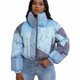 new 2023 Women Winter Denim 3D Print Zipper Puff Crop Jacket Parkas Warm Thick Down Turtleneck Zipper Bread Jacket Coats Clothes 20Uo#