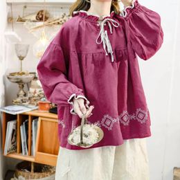 Women's Blouses 158cm Bust / Spring Autumn Women Vintage Mori Kei Girls Embroidered Loose Comfortable Linen Shirts/Blouses