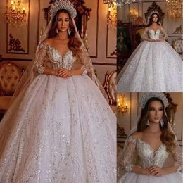 One Pcs Saudi Arabia Princess Ball Gown Wedding Dress Sheer Off Shoulder Long Sleeve Lace Sequins Appliques Bridal Gowns Crystal Bride Robes De Marie