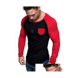 Men'S T-Shirts Mens 5 Colors T Shirts European And American Style Long-Sleeved Three-Nsional Striped Color Matching Pockets Slim Fit D Dhlnz