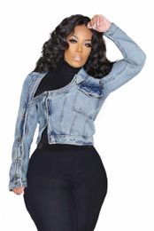 plus Size Semi Formal Jacket Casual Blue Short Fall Winter Stand-Up Collar One Shoulder Lg Sleeve Butt Denim Jacket c4kY#