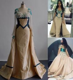 2017 Champagne Prom Dresses Mixtured with Green Tone Mermaid Sheer Bateau Neckline Long Sleeved Evening Gowns with Detachable Puff2485625