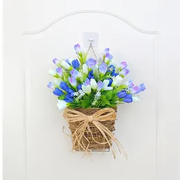 Decorative Flowers Simulated Tulip Door Hanging Basket Wreath Welcome Sign Handmade Lifelike Wall Decoration For Window Front Porch