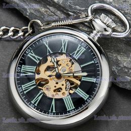 Other Watches Hot Sale Antique Smooth Silver Skeleton Transparent Mechanical Pocket For Men FOB Chain Hand Winding Reloj De Bolsillo T240329