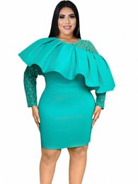 plus Size Women Green Club Party Dr Lace Patchwork Ruffle Lg Sleeve Bodyc Pencil Mini Gowns Evening Cocktail Event Wear m2Hk#