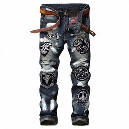 new Fi Men's Clothing Splice Club Style Denim Pants Embroidery Tiger Head Slim Small Straight Leg Jeans Casual Trousers x8UE#