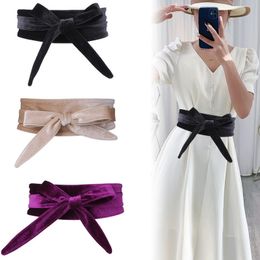 Fashion Women's Velvet Dress Waist Belts Wide Corset Cinch Belts Ladies Bowknot Self Tie Wrap Around Obi Waist Band Cummerbunds 240322