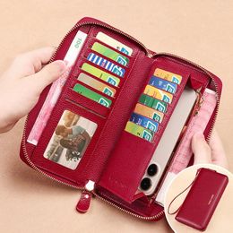 Wallets Genuine Leather Women's Wallet With Lychee Pattern Female Zipper Clutch Long Phone Bag Coin Purse Card Holder Black Red Purses