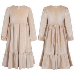 Kids Girls Soft Velvet Dress Autumn Winter Casual Solid Color Puff Sleeve Ruffed Dresses Christmas Wedding Birthday Party 240326