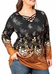 spring Women's Plus Size Clothing,1XL-6XL Plus Size Cross Cut Out T-Shirt, Casual V Neck Lg Sleeve T-Shirt V0Wg#