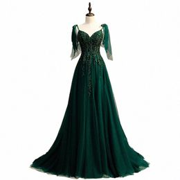 new Green Evening Dr Sexy V-Neck Sleevel A-Line Floor-Length Crystal Bling Backl Lace Up Party Formal Gown Woman B215 G3Xo#