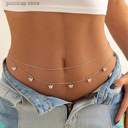 Waist Chain Belts Sexy double thin chain womens waist chain charming butterfly stainless steel belly chain summer beach bikini body Jewellery Y240329