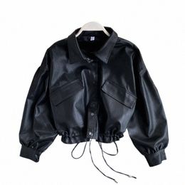 vintage BF Style Casual Loose PU Leather Jacket Coat Women's Street Style Drawstring Large Pocket Slim Short Motorcycle Jacket x70s#