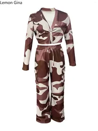 Women's Two Piece Pants Lemon Gina Camouflage Safari Set Long Sleeve Button Shirt And Cargo Wide Leg 2024 Sets Outfits Tracksuit