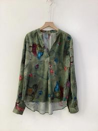 Women's Blouses ZADIGANT 2024 Spring Women V-neck Dark Green Butterfly Print Irregular Shirt