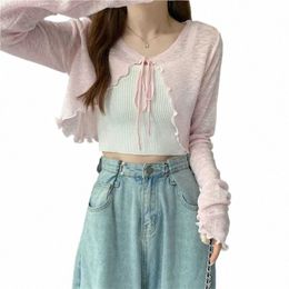 summer Thin Outerwear Sun Protecti Cardigan Ice Silk Knit Women Tops Bow Lace Up Short Suspender Skirt Shawl Airable Shirt m5MX#