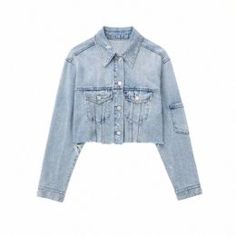 traf Cropped Denim Jacket Women Blue Jean Jackets for Women 2023 Lg Sleeve Bomber Jacket Woman Streetwear Ripped Jackets Coats j4gL#