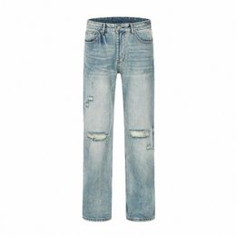 uprakf Straight-leg Ripped Blue Jeans Pocket Streetwear Pantales Summer Denim Trousers Casual Basic Fi j09x#