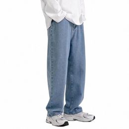 men Denim Trousers Retro Streetwear Men's Wide Leg Jeans with Butt Zipper Closure Pockets Loose Straight Fit Full Length for A a3j9#