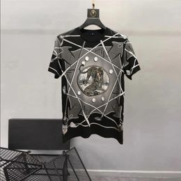 European and American men's wear summer 2024 new Stamped leopard with diamond stamping Fashion T-shirt with round neck