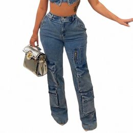 women Straight Jeans Patchwork Organ Pocket Elasticated Waist Denim Pants Female New Casual Workwear Style Multi-pocket Trousers P5gu#