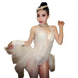 fl Diamd Bodysuit White Mesh Skirt Women Gogo Dance Costume Bar Nightclub Rave Outfit Sexy Pole Party Dres XS6371 c4Gc#