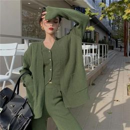 Women's Two Piece Pants 2024 Fashion Adult Lady Like Woman Knitting Suit High-Grade Sweater Vest Cardigan Coat High Waist Wide Leg