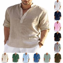 Men's Casual Shirts 2024 Linen Long Sleeve Breathable Shirt Solid Colour Basic Cotton Tops For Men Tee