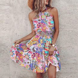 Casual Dresses Sexy Hollow Halter Pattern Printed Party Dress Elegant Sleeveless Waist Women Summer Bohemian Backless Holiday Beach