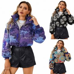 print Cott Coat Winter Women Short Quilted Jacket Streetwear Floral Warm Parka Stand-up Collar Lg Sleeve Outerwear Puffer 37My#