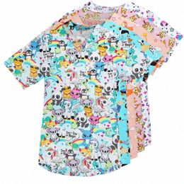 women Short Sleeve V Neck Shirt Printed Scrubs Tops Beauty sal Uniform Medical Top Hospital Nurse working Blouse Lab Unifroms r9ti#