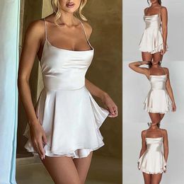 Casual Dresses Women Solid Colour Cami Playsuits Cowl Neck Sleeveless Short Jumpsuits Summer Cross Tie-Up Backless Romper Clubwear