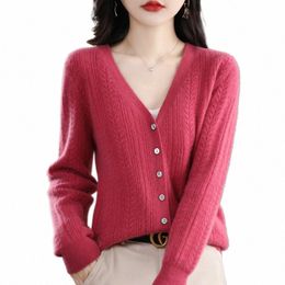 new Spring Autumn Pure Wool Cardigan Women's V-neck Merino Wool Knitted Jacket 2023 Korean Westernised Pure Colour Versatile Top Z9jX#