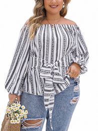 gibsie Plus Size Boho Off Shoulder Tops for Women 2024 Spring Casual Lg Sleeve Tie Frt Ethnic Print Holiday Blouses Shirts c5np#