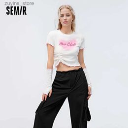 Women's T-Shirt Semir T-shirt Women Short Tops Tight 2024 Summer New Short-sleeved Printed Stringy Selvedge Drawstring Sweater Tee shirts24329