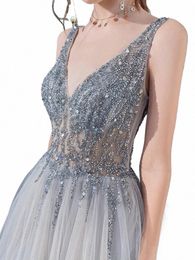 lowest Price Sexy V-neck Formal Party Prom Gown Backl Beads Sequins Tulle Side Split Sexy Wedding Party Dres S9N3#