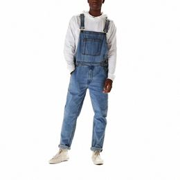 light Blue Men's Suspender Trousers Street Big Pockets Casual Denim Overalls Male Work Pants Y0Kd#