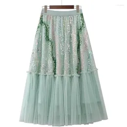 Skirts Colorful Sequined Mesh Long Tutu Skirt Metallic A-line Boho Calf Tulle